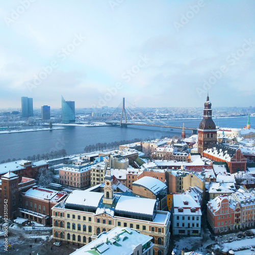 snow-covered bright roofs of a beautiful old winter city