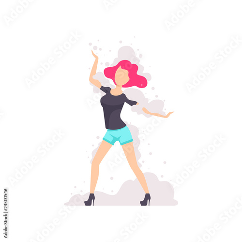 Fashionable girl dancing at foam party, young woman having fun at nightclub vector Illustration on a white background