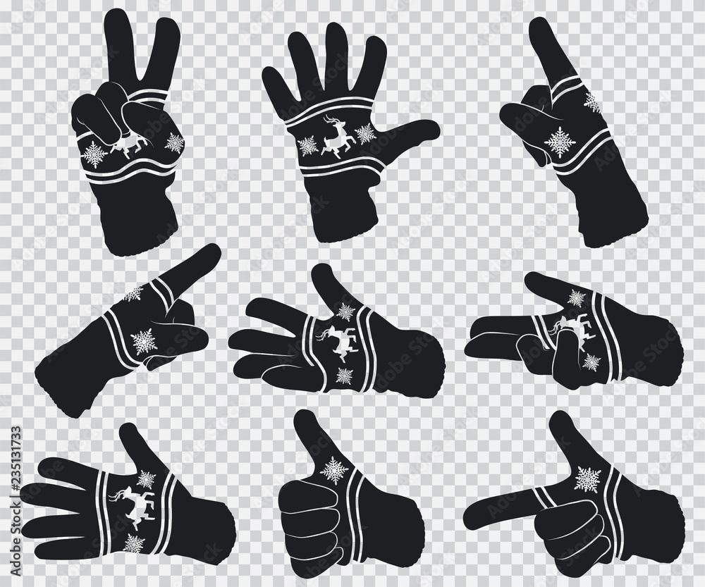 Fototapeta premium Winter gloves with reindeer and snowflakes. Hand gestures black silhouette vector set isolated on transparent background.