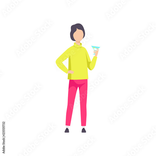 Guy in fashionable clothes drinking cocktail, young man having fun at party or nightclub vector Illustration on a white background