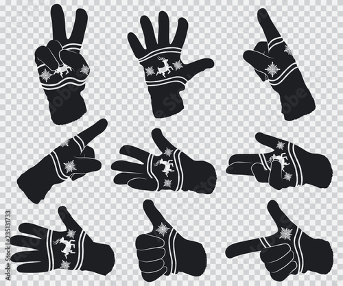 Winter gloves with reindeer and snowflakes. Hand gestures black silhouette vector set isolated on transparent background.