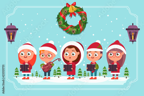 Christmas Carols. Cute kid choir in Santa hat with violin and books. Vector cartoon illustration isolated on a winter landscape.