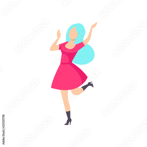 Fashionable girl in pink dress dancing at foam party, young woman having fun at nightclub vector Illustration on a white background
