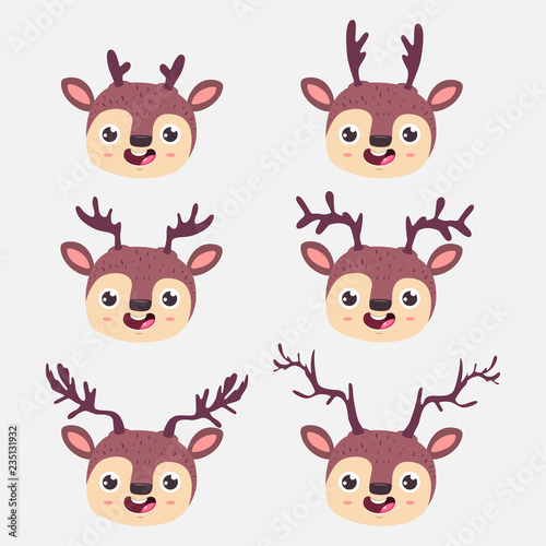 Cute deer faces with different horns. Vector cartoon funny reindeer head character set isolated on background.