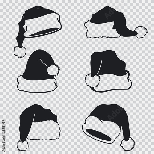 Santa Claus hats black silhouettes vector set isolated on a transparent background.