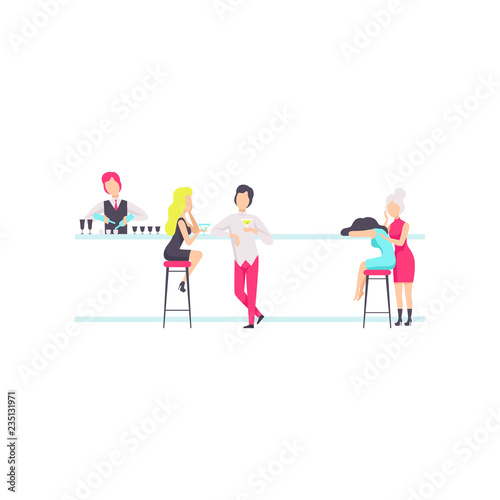 Bartender standing at the bar counter mixing cocktails, people resting and drinking cocktails at the bar or nightclub vector Illustration on a white background