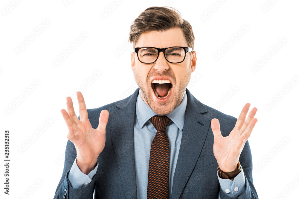 close up of aggressive boss in glasses and suit screaming isolated on white close up of aggressive boss in glasses and suit screaming isolated on white