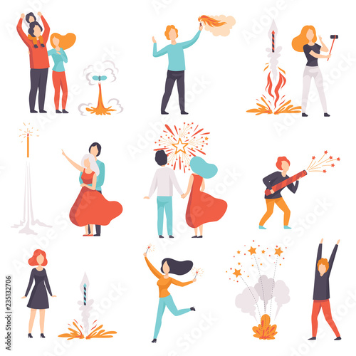 People launching and watching explosion of firework rockets set, men and women celebrating holidays with fireworks vector Illustration on a white background