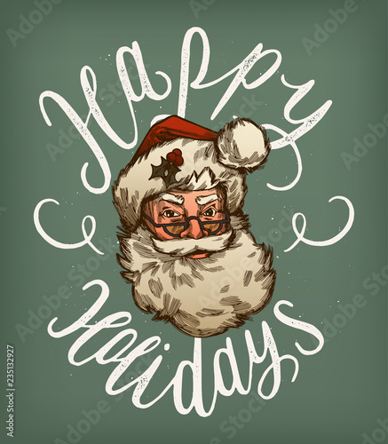 Photography Santa Claus vintage face with Happy Holidays curly calligraphy Christmas card