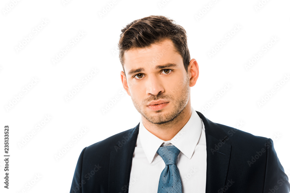 close up of adult businessman in suit with upset face expression isolated on white close up of adult businessman in suit with upset face expression isolated on white