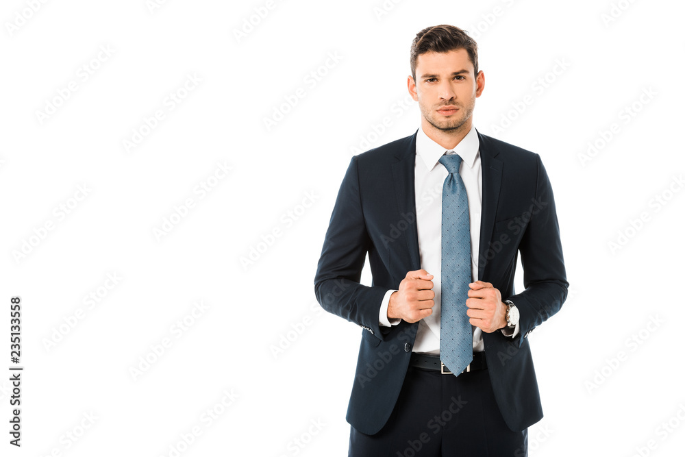 confident handsome businessman in suit holding jacket isolated on white confident handsome businessman in suit holding jacket isolated on white