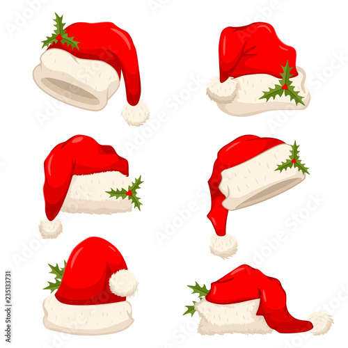 Santa Claus hat with holly berry leaves set. Vector cartoon Christmas cap illustration isolated on a white background.