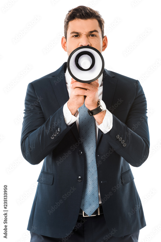 aggressive businessman shouting at megaphone isolated on white aggressive businessman shouting at megaphone isolated on white