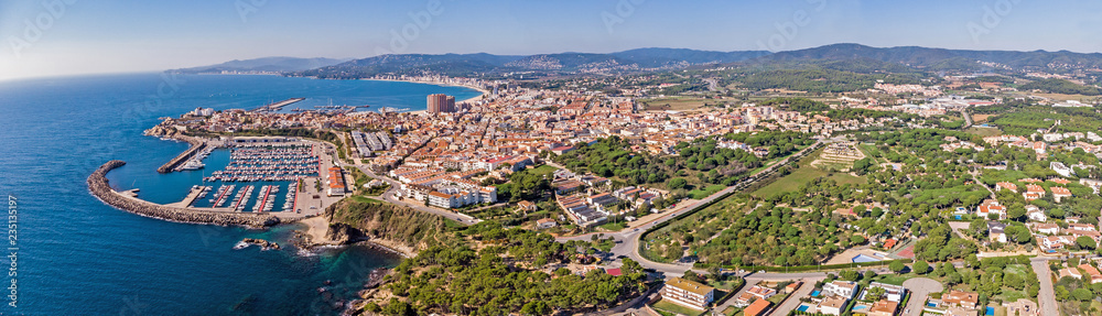 Aerial drone panoramic picture from small town Palamos from Spain, in Costa Brava