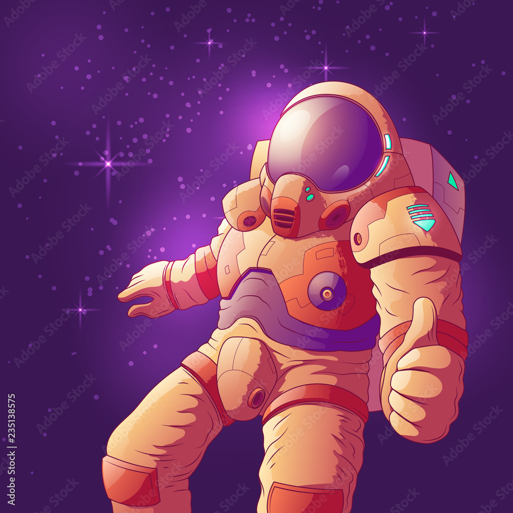 Astronaut in futuristic spacesuit showing thumb up hand sign, flying in weightlessness cartoon vector illustration. Space tourist or intergalactic traveler exploring universe. Science fiction hero Astronaut in futuristic spacesuit showing thumb up hand sign, flying in weightlessness cartoon vector illustration. Space tourist or intergalactic traveler exploring universe. Science fiction hero