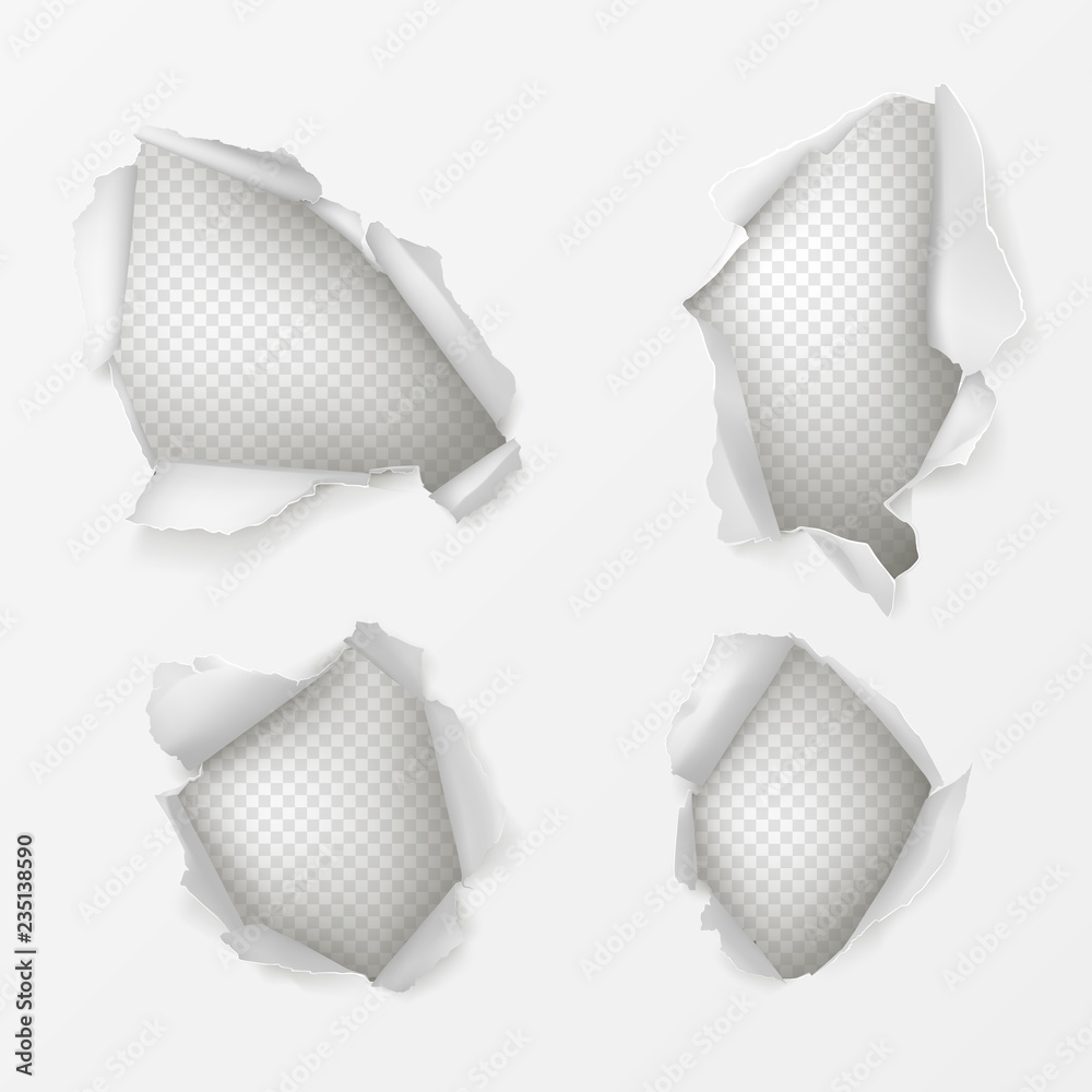 Set of various form holes with ripped edges in paper sheet 3d realistic vector illustration on transparent background. Torn or damaged white surface. Breach and gap elements collection for web design