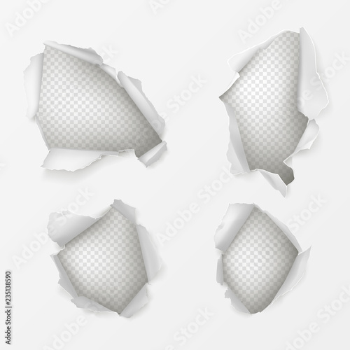 Set of various form holes with ripped edges in paper sheet 3d realistic vector illustration on transparent background. Torn or damaged white surface. Breach and gap elements collection for web design