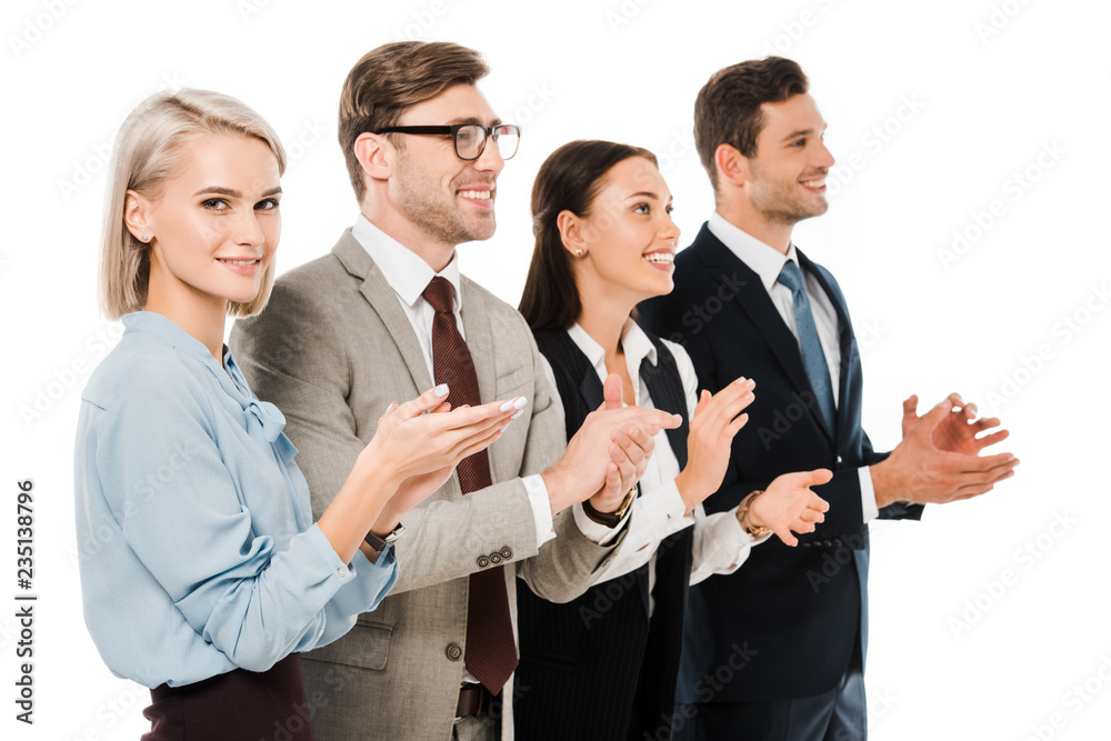 smiling successful business team applauding isolated on white smiling successful business team applauding isolated on white