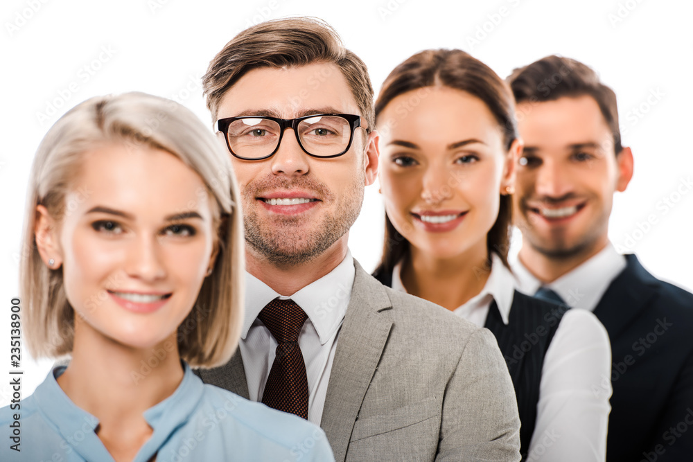 smiling business group looking at camera isolated on white smiling business group looking at camera isolated on white
