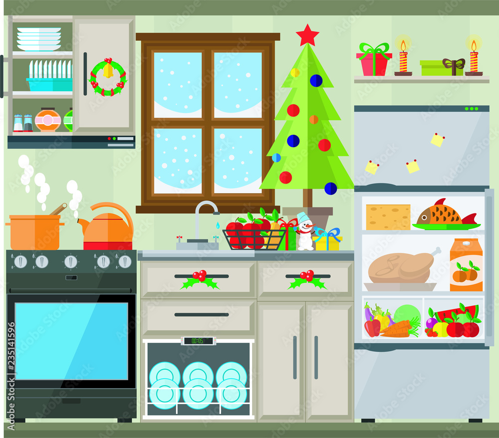 Christmas kitchen interior, cooking delicious food to celebrate Christmas and new year. Winter holidays, vector illustration.