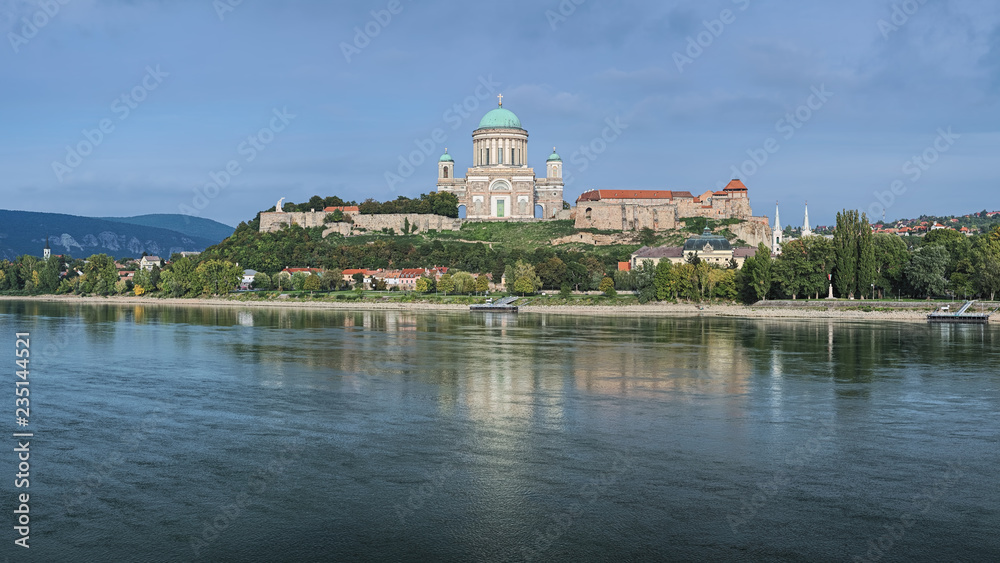 View of the Esztergom Basilica at the Castle Hill from the opposite bank of Danube, Hungary. The Latin motto on the temple frieze reads: Seek those things which are above.