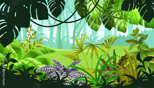 Background jungle with palm trees and lianas. Landscape with tropical exotic plants. Vector illustration.