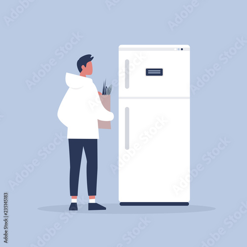Daily routine. Grocery shopping. Young male character putting the groceries into the refrigerator. Flat editable vector illustration, clip art