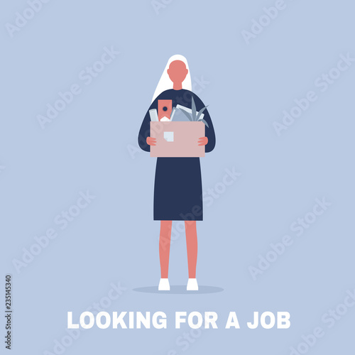 Looking for a job. Young female character holding a box full of office stationery goods / flat editable vector illustration, clip art