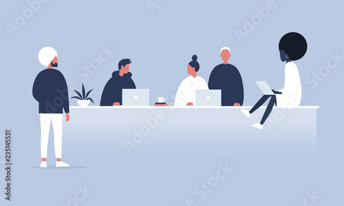 Office life. Diversity collective. Startup. Millennials at work. Generation z. Technologies. Project management. Flat editable vector illustration, clip art