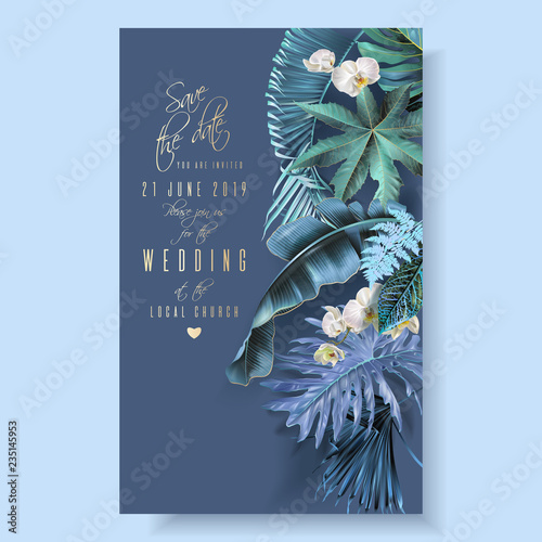 Tropical leaves turquoise and violet wedding cards