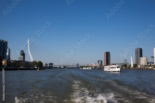 Cityscape of modern Rotterdam with river