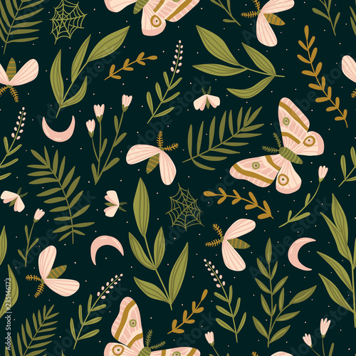 Seamless pattern with moths and night butterfly. Beautiful romantic print. Dark botanical design. Vector illustration.