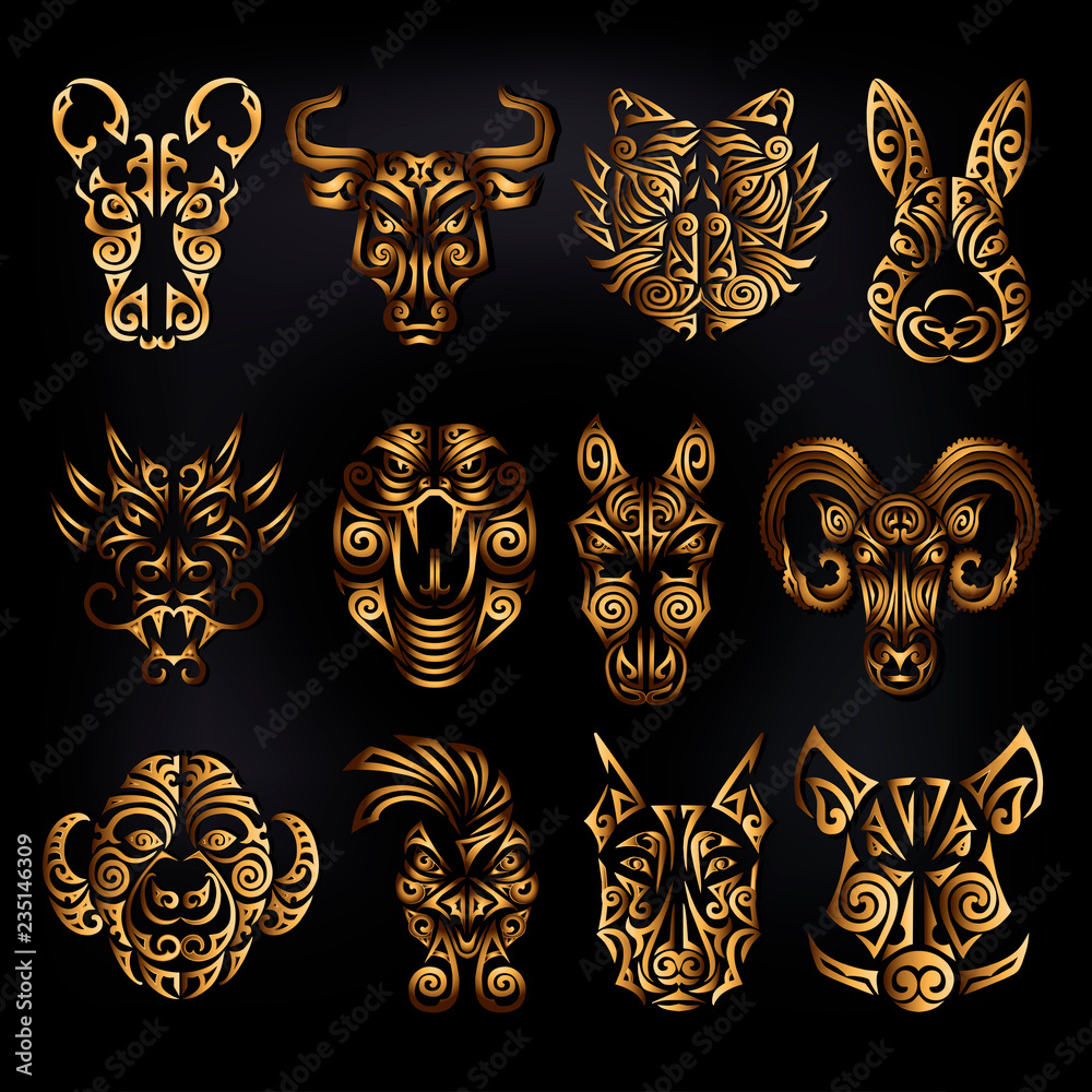 Chinese Zodiac Signs Set Rat Ox Bull Tiger Rabbit Dragon Snake