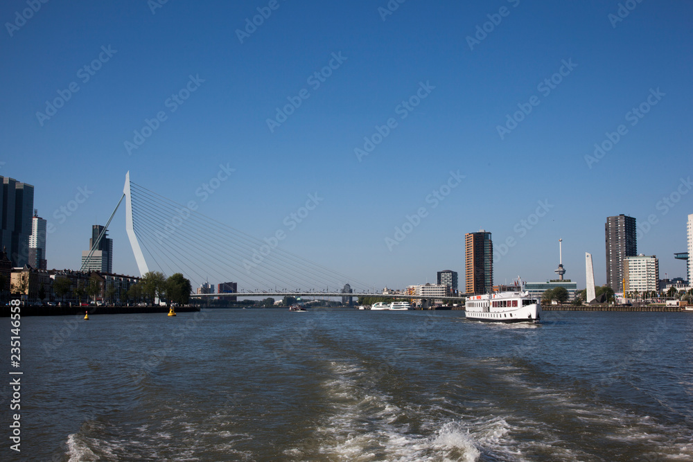 Cityscape of modern Rotterdam with river