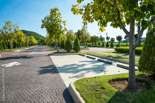 Fototapeta Naklejka Na Ścianę i Meble -  Empty space in city park outdoor concrete parking lot area with blue sky in summer season. Green nature gardening in car parking lot. Friendly environmental and transportation concept.