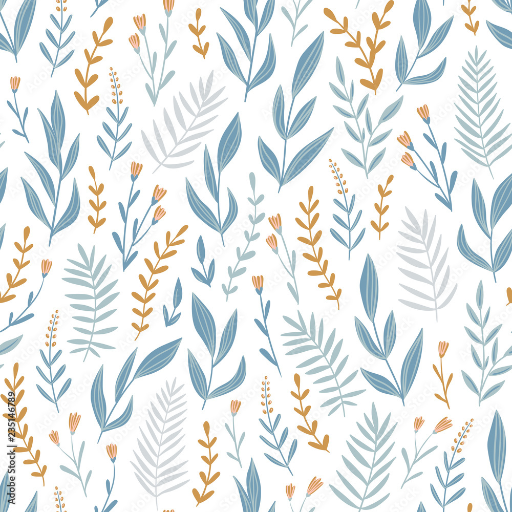 Light blue seamless pattern with  herbs and flowers. Romantic floral background. Fabric design. Vector illustration.
