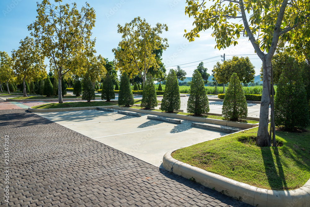 Empty Space In City Park Outdoor Concrete Parking Lot Area With Blue 