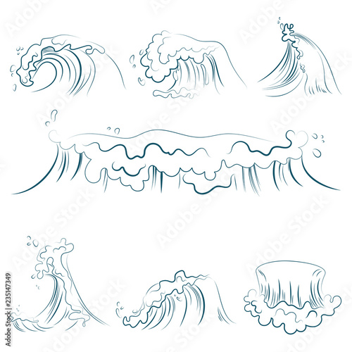 Hand drawn volumetric blue line sea waves vector set. Ocean storm wave isolated vector illustration.