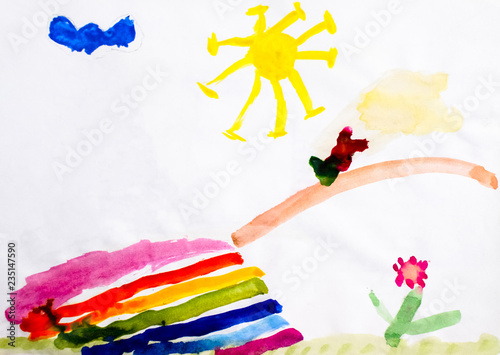Childrens drawing in watercolor, the bridge over the river, the sun and a flower. Landscape in the picture.