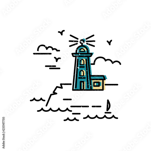 Lighthouse logo design. Flat and line style vector illustration. Template with seaside and lighthouse. Travel concept.