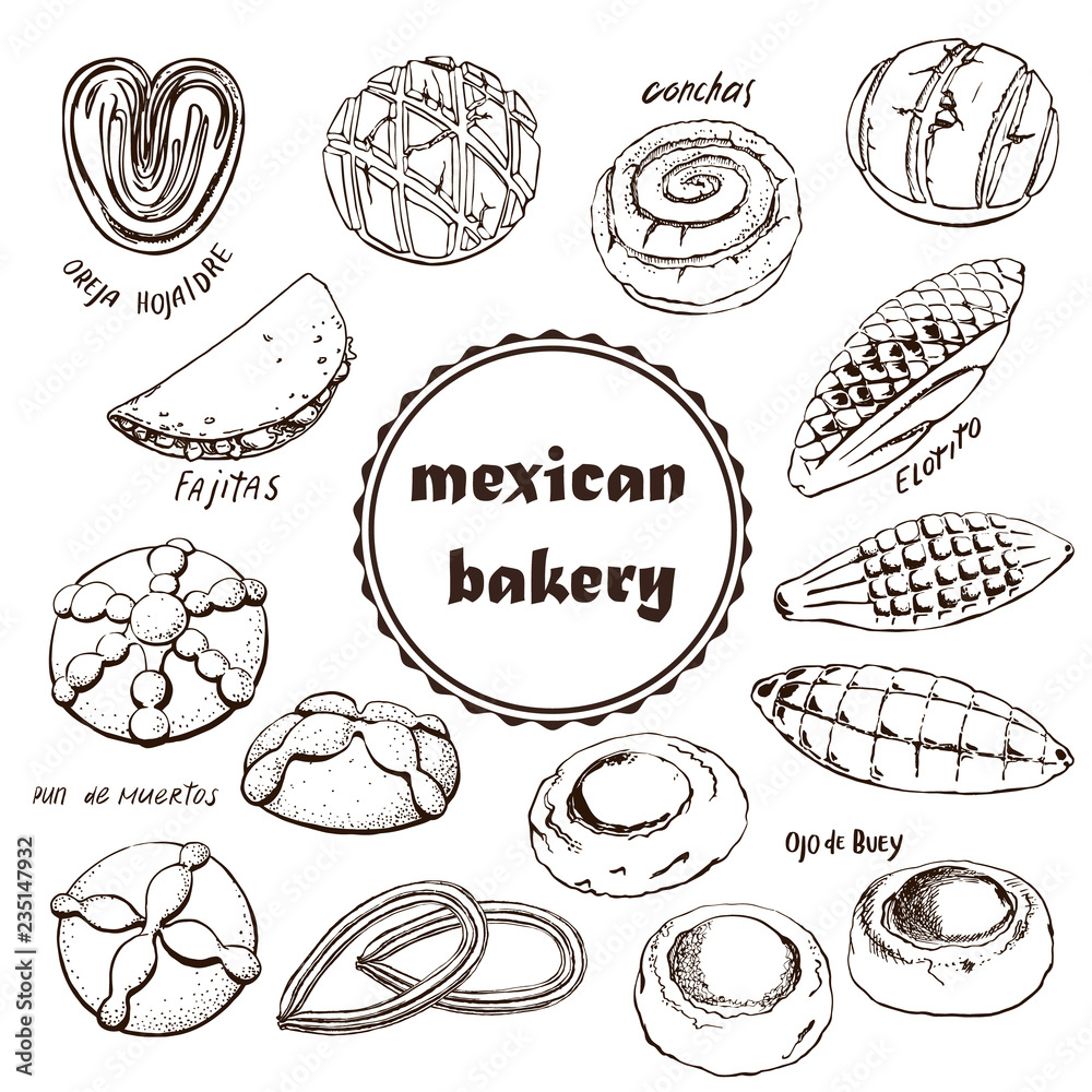Mexican bakery , sketch doodle . Conchas hand drawn illustration. Can be used for a menu of Mexican cuisine. vintage pattern design, banner. Mexican bakery , sketch doodle . Conchas hand drawn illustration. Can be used for a menu of Mexican cuisine. vintage pattern design, banner.