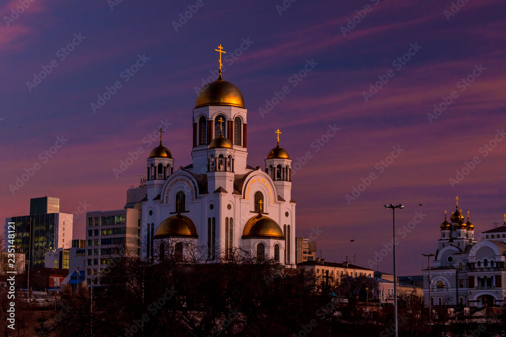 View of church of All Saints, Yekaterinburg, Russia at evening with purple sky