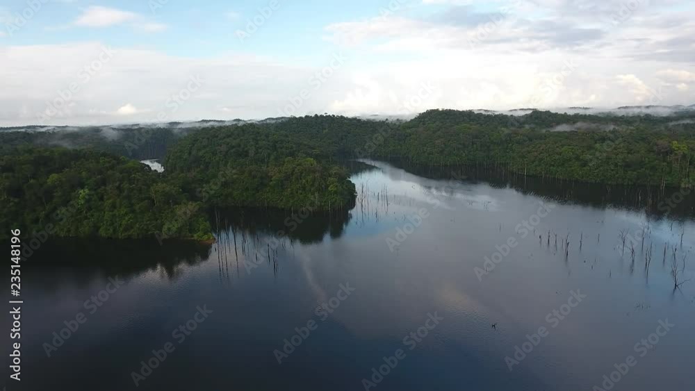 Man made reservoir Petit Saut dam Guiana drone view. Rainforest border Man made reservoir Petit Saut dam Guiana drone view. Rainforest border