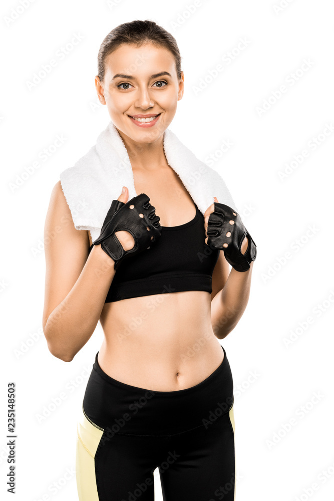 smiling sportswoman in weightlifting gloves with white towel isolated on white smiling sportswoman in weightlifting gloves with white towel isolated on white