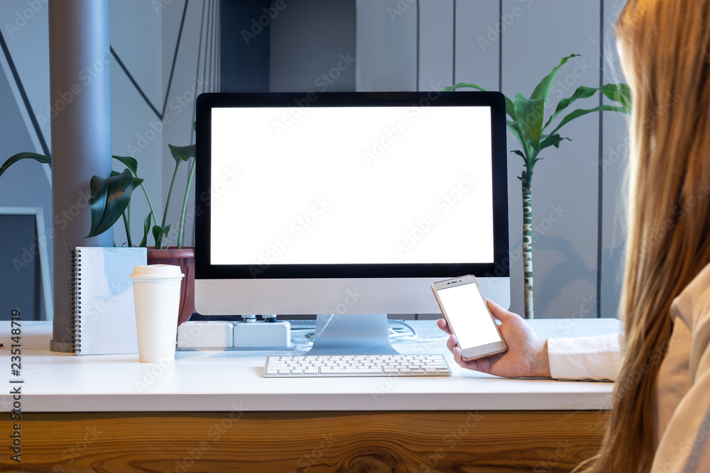 Monitor on table, blank screen, mockup