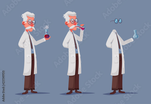 Crazy scientist drink potion. Funny character. Cartoon vector illustration