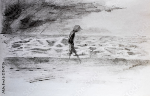 man walks along the sea in storm and bad weather. Pencil drawing