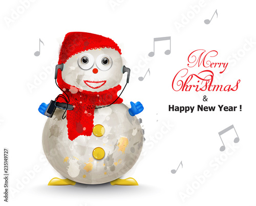 Merry Christmas cute snowman listening to music Vector watercolor. Holiday ca...