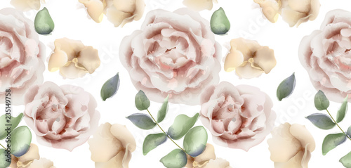 Delicate pink roses Vector watercolor background. Elegance flowers wallpaper....