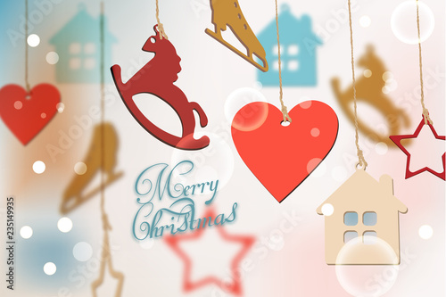 Merry Christmas card with colorful funny decorations Vector watercolor illust...
